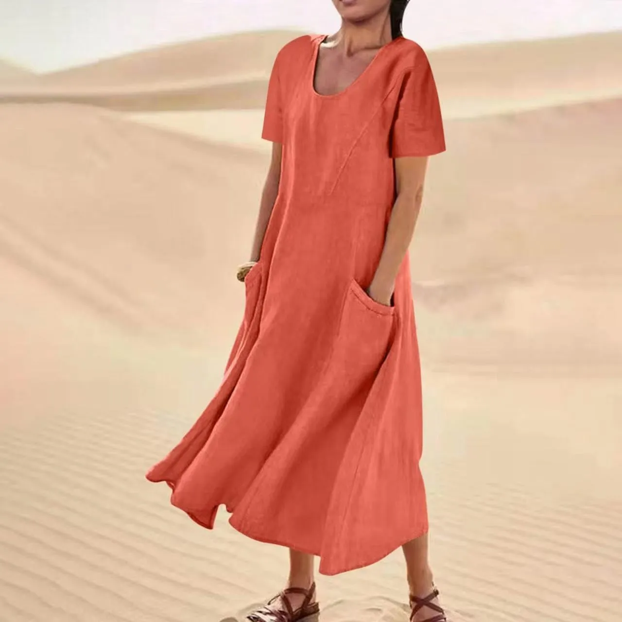 hlysgo Summer Dresses for Women 2025 Casual Cotton Linen Short Sleeve Midi Dress Flowy Beach Vacation Dress with Pockets