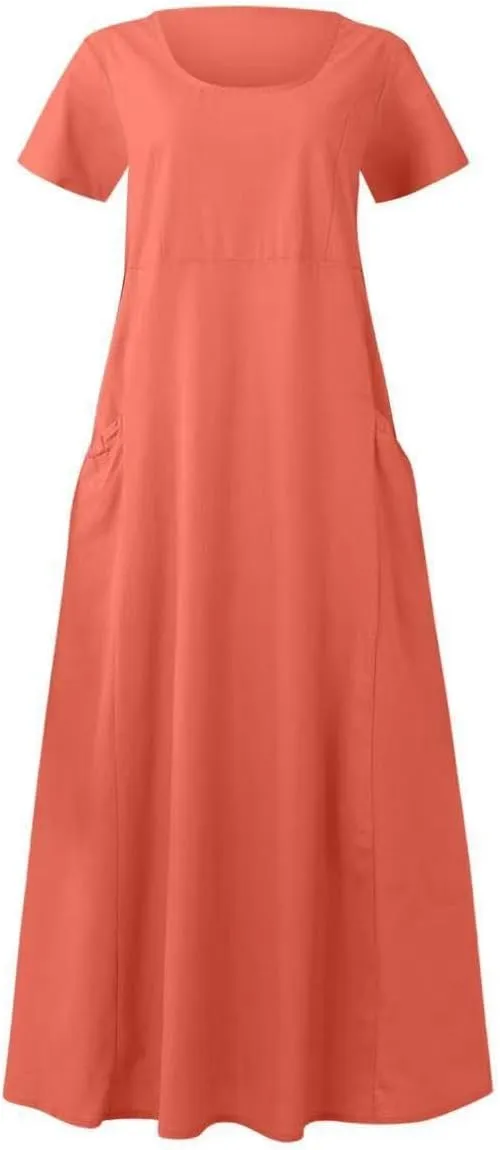 hlysgo Summer Dresses for Women 2025 Casual Cotton Linen Short Sleeve Midi Dress Flowy Beach Vacation Dress with Pockets
