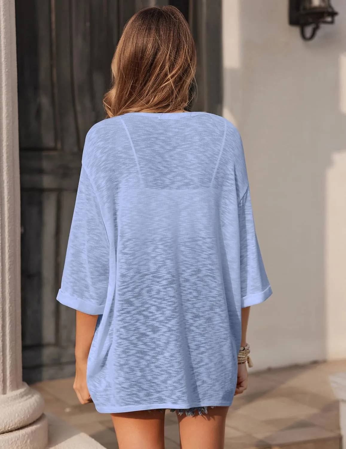 HOTOUCH Womens Lightweight Cardigan Open Front 3/4 Sleeve Casual Loose Fit Beach Cover Up