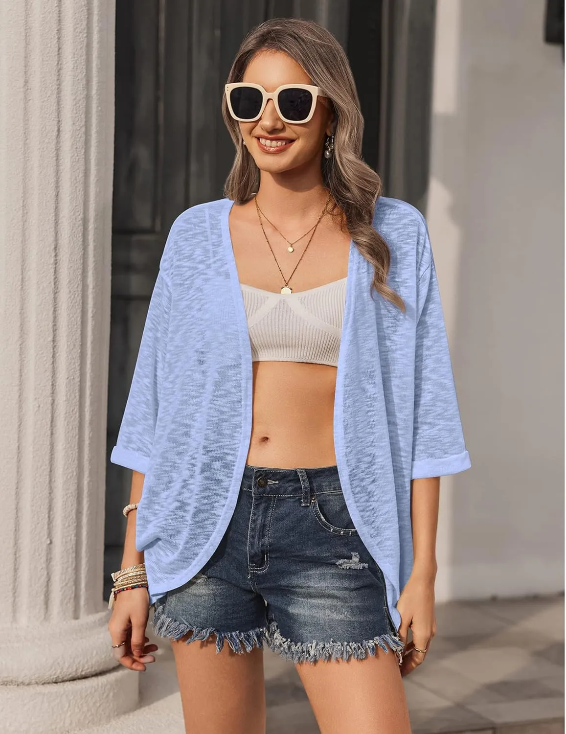 HOTOUCH Womens Lightweight Cardigan Open Front 3/4 Sleeve Casual Loose Fit Beach Cover Up