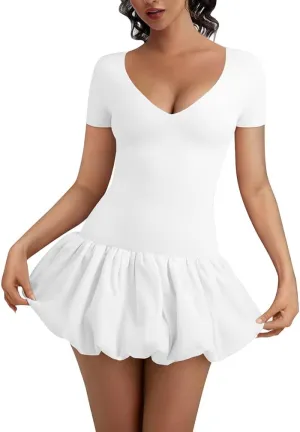 HYZ Women's Sexy Short Sleeve V Neck Y2k Party Super Stretch Bubble Hem Mini Dress