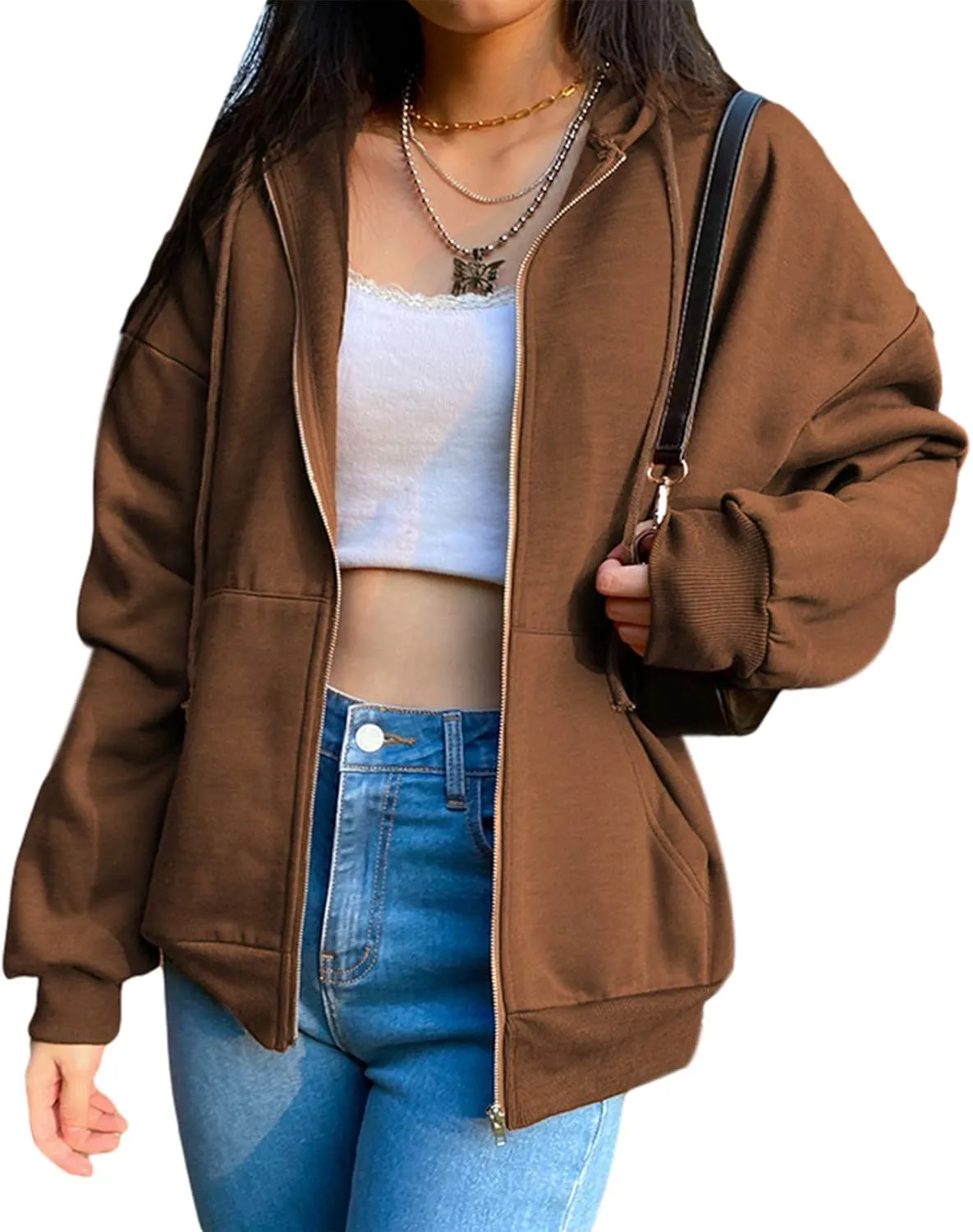 ICNGLKSND Women Zip Up Hoodie Sweatshirt Solid Color Oversized Casual Coat Fall Goth Jacket Streetwear