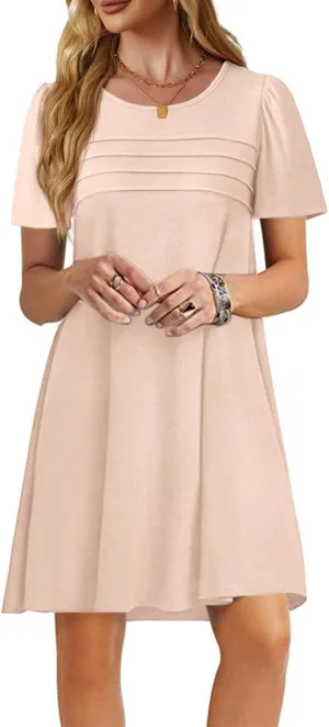 Imily Bela Womens Summer Casual T Shirt Dress Short Sleeve Crewneck Pleated Front Loose Beach Flowy Mini Dresses