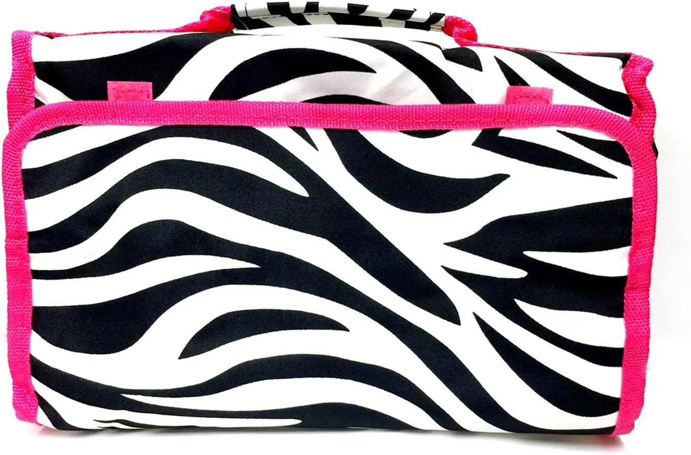 JChronicles Women's Large Hanging Toiletry Cosmetic Organizer Bag-It can roll up for Travel or Storage (Zebra-PK Trim)