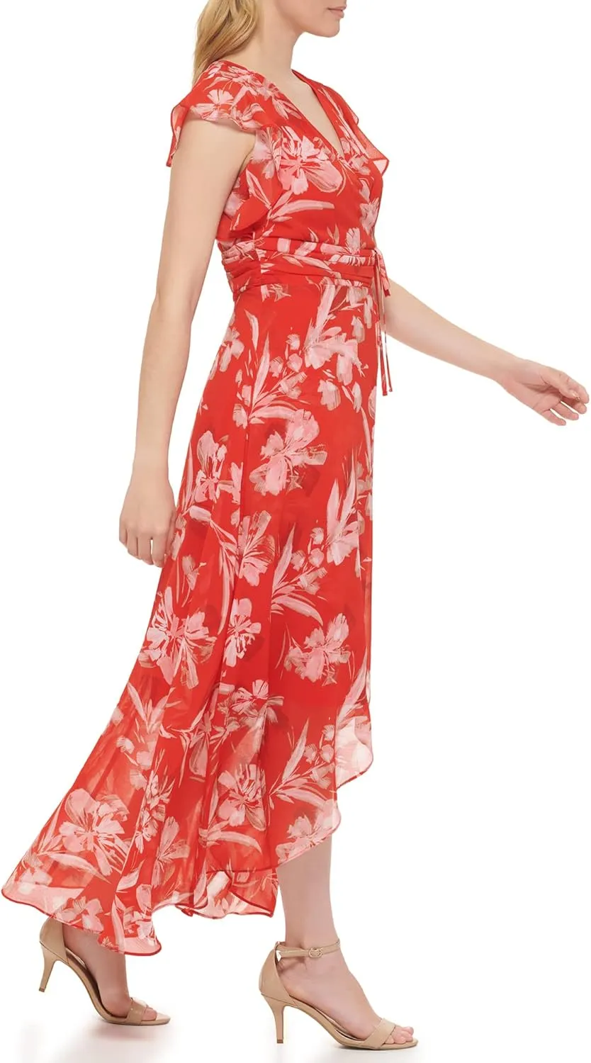 Jessica Howard Women's Wrap Floral Hi-lo Maxi Dress  Flutter Sleeve Printed Chiffon Gown