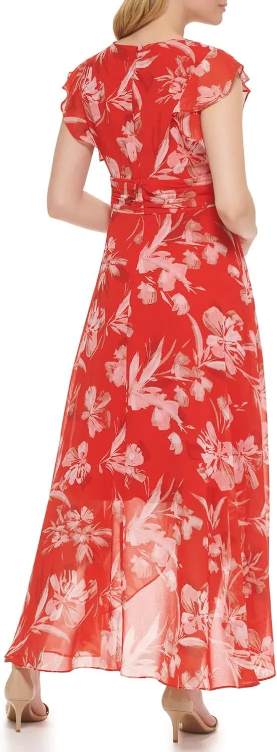 Jessica Howard Women's Wrap Floral Hi-lo Maxi Dress  Flutter Sleeve Printed Chiffon Gown