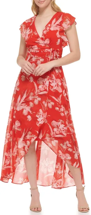 Jessica Howard Women's Wrap Floral Hi-lo Maxi Dress  Flutter Sleeve Printed Chiffon Gown