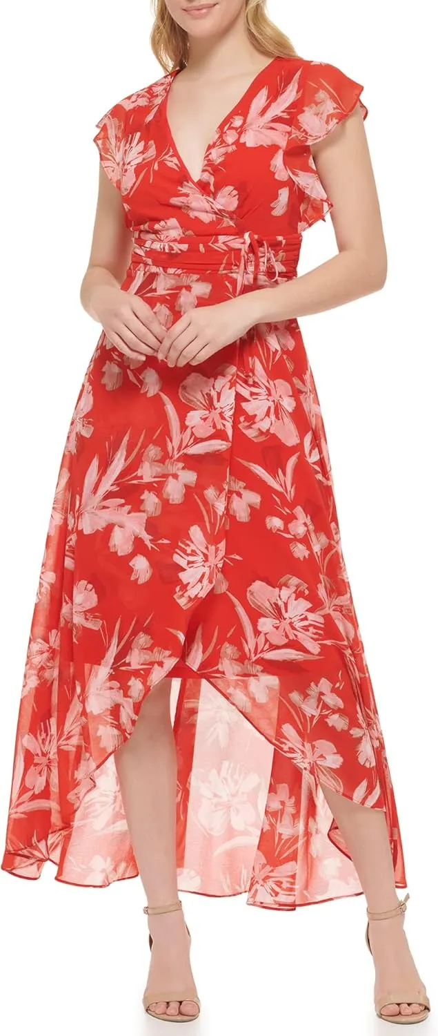 Jessica Howard Women's Wrap Floral Hi-lo Maxi Dress  Flutter Sleeve Printed Chiffon Gown