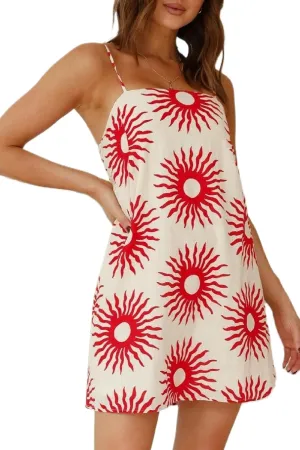 Juakoso Women Boho Graffiti Cami Mini Dress Spaghetti Strap Backless Sleeveless Beach Dress Vacation A Line Sun Dress