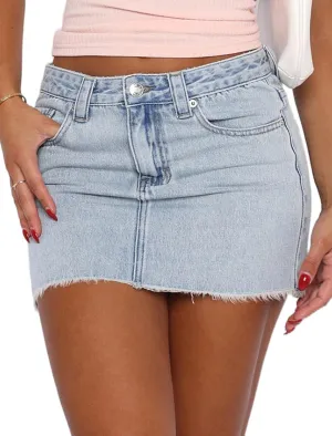 Just Quella Women's Stretch Washed Vintage Jean Skirt Fringed Slim Fit Denim Mini Skirt