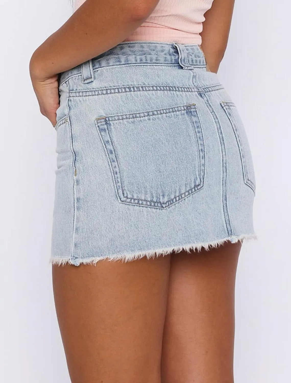 Just Quella Women's Stretch Washed Vintage Jean Skirt Fringed Slim Fit Denim Mini Skirt