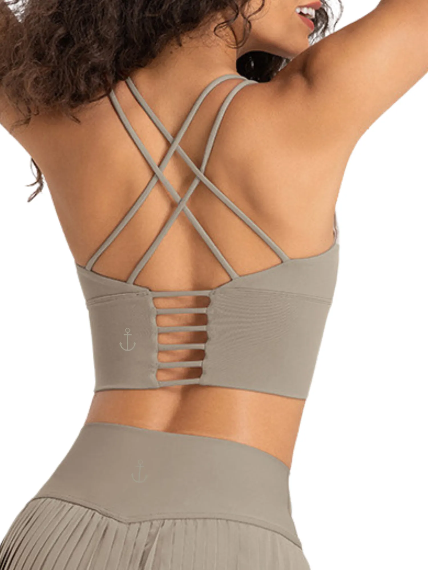 Khaki "Elizabeth" Open Back Longline Sports Bra