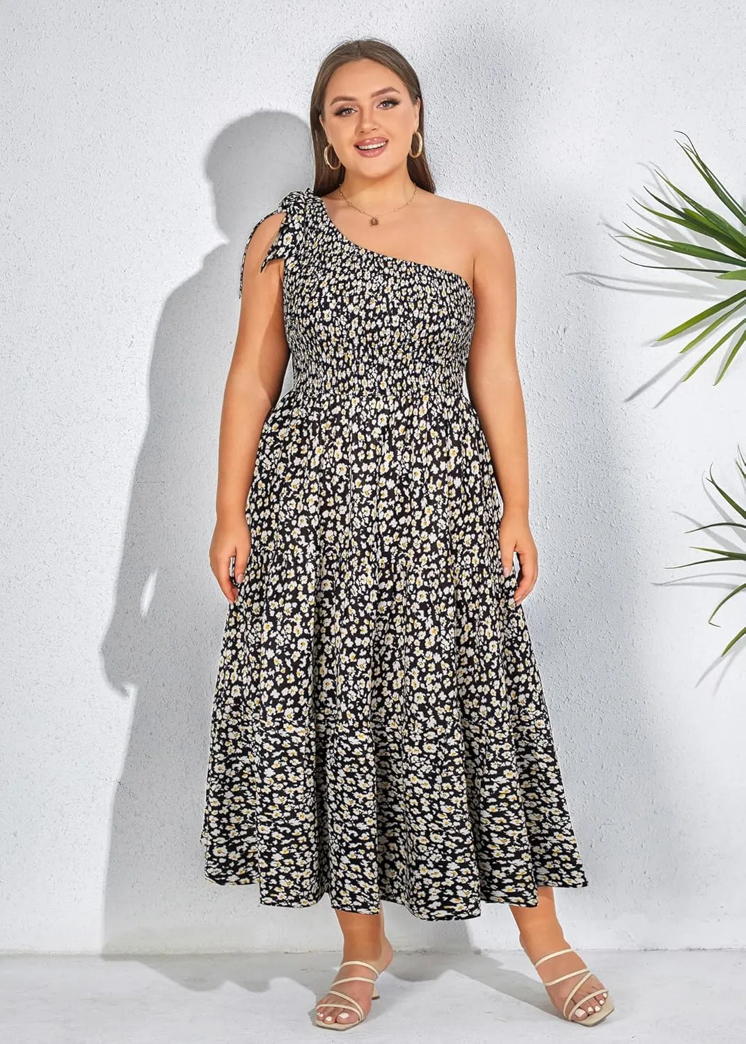 KIMCURVY Women Plus Size Summer Dress Boho Spring Floral Print Wedding Guest Smocked Long Dress with Pockets