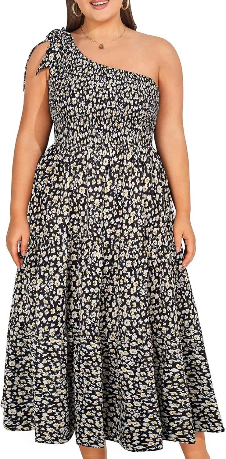 KIMCURVY Women Plus Size Summer Dress Boho Spring Floral Print Wedding Guest Smocked Long Dress with Pockets