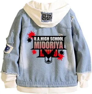 Kvikci Anime Jacket Cosplay Hooded Sweatshirt Men Fake Two Jeans Jacket Coat