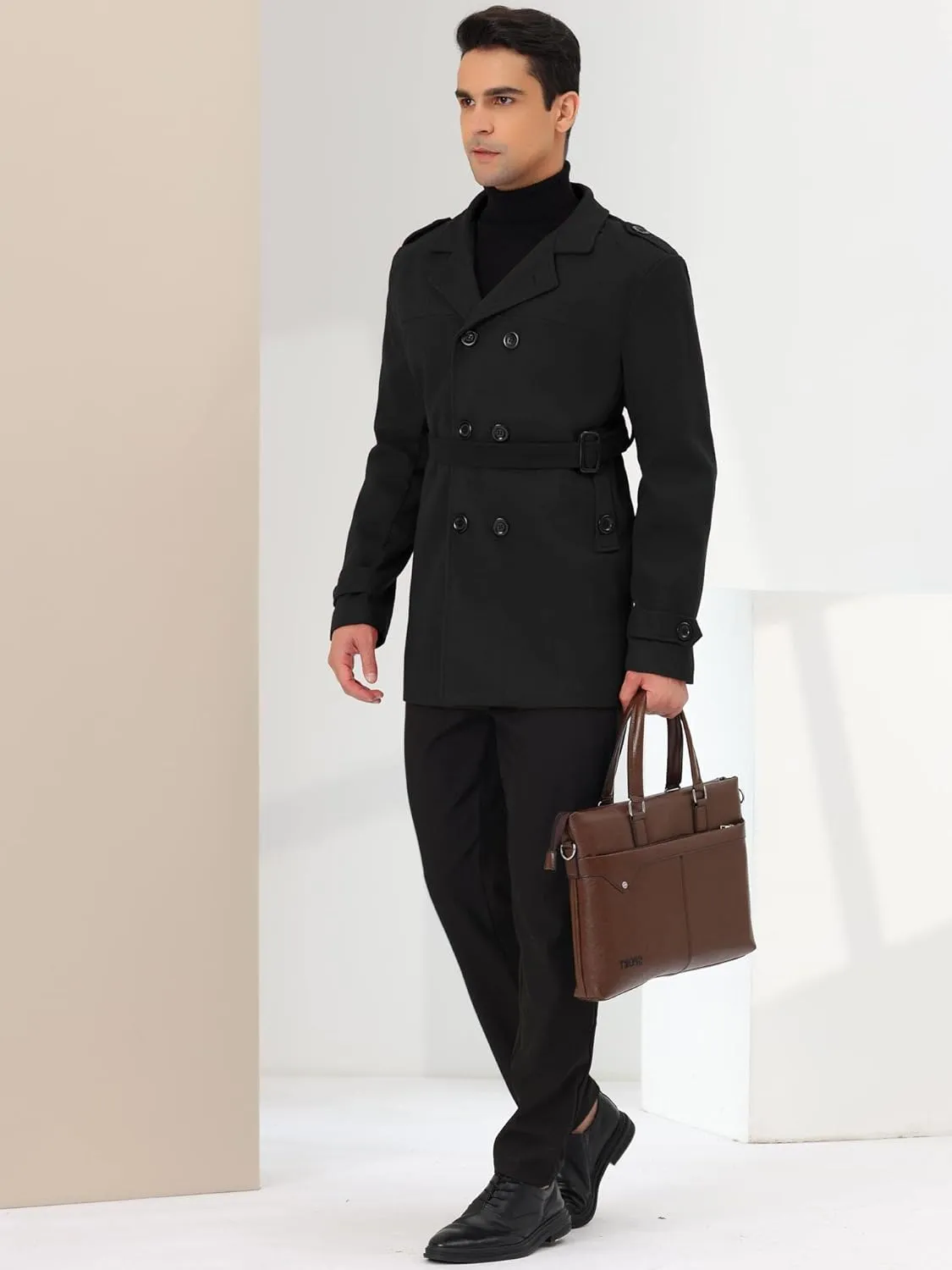 Lars Amadeus Men's Pea Coat Slim Fit Notch Lapel Double Breasted Trench Coat with Belt