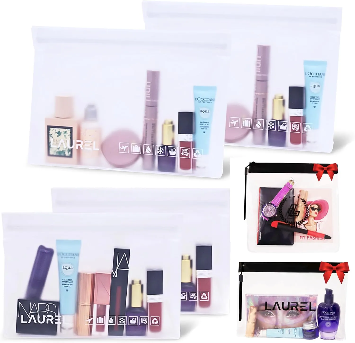 LAUREL 6 Pack TSA Approved Clear Toiletry Bag 4 2 Gift (Bodycare&Jewelry), Leakproof Tsa Quart Size Travel Bags for liquids, Cosmetic Makeup Pouch for women, Carry on Airport Airline Compliant Bags