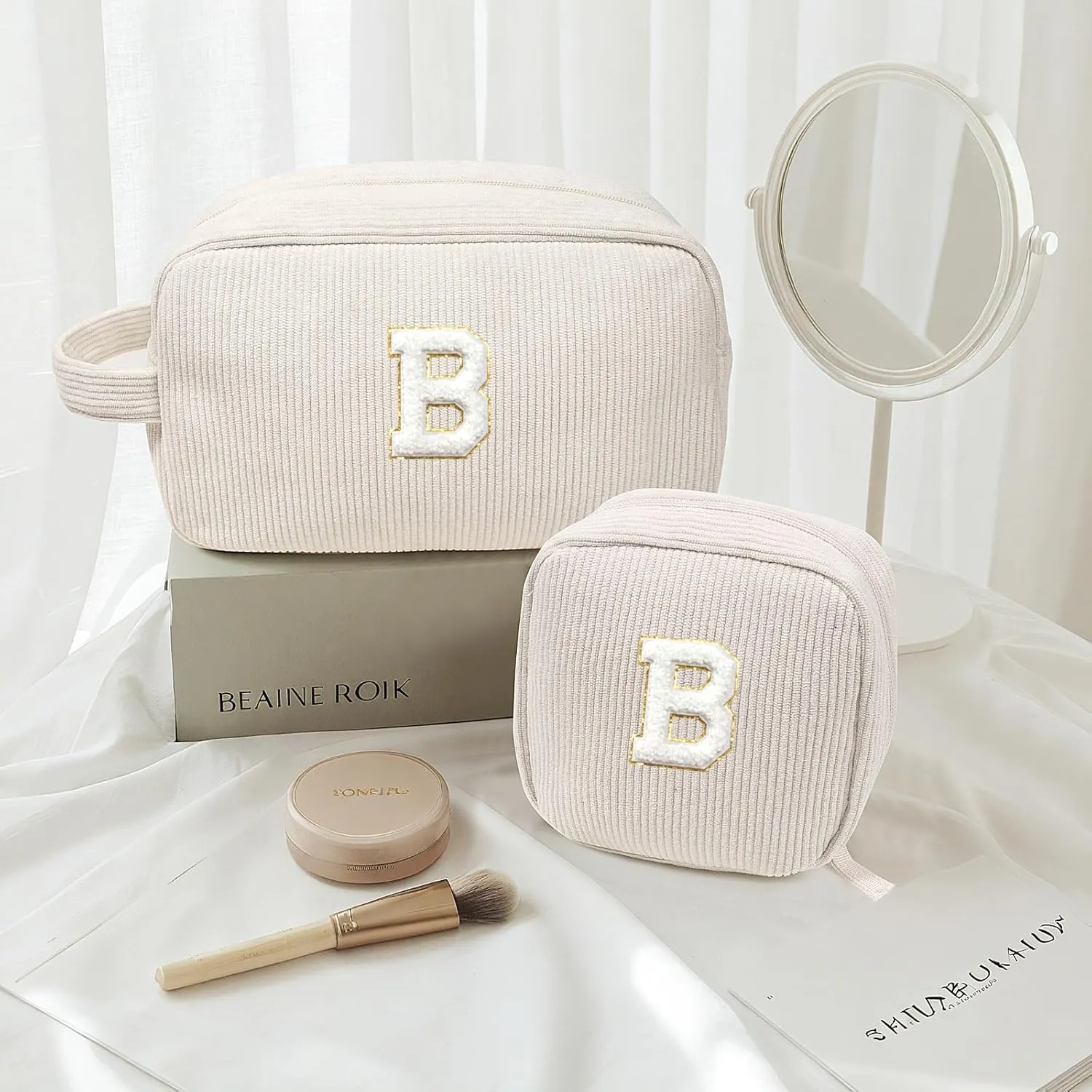 LETGO Birthday Gifts for Women Small Personalized Initial Monogram Makeup Bag,Preppy Corduroy Makeup Bags Travel Toiletry Bag Cute Pouch Purse for Her Mom Girlfriend Wife Sister Teacher Bridesmaid