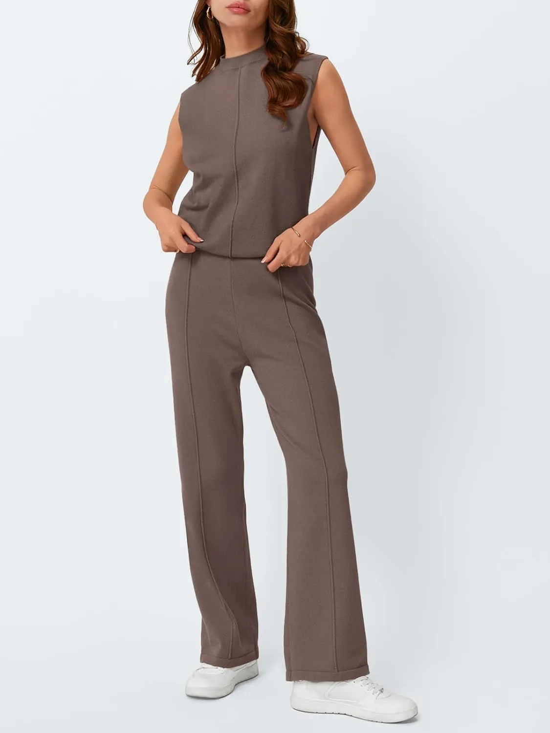 LILLUSORY Lounge Sets for Women Summer 2 Piece Outfits 2025 Two Piece Vacation Matching Mock Neck Sweater Set Tracksuit
