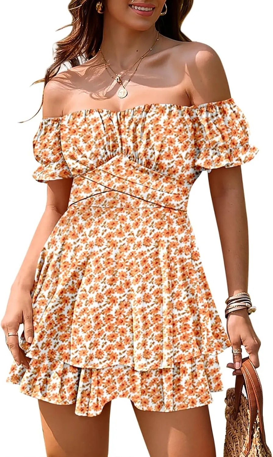 Linsery Women Boho Off Shoulder Romper Floral Print Tie Back Ruffle Hem Chiffon Short Jumpsuit