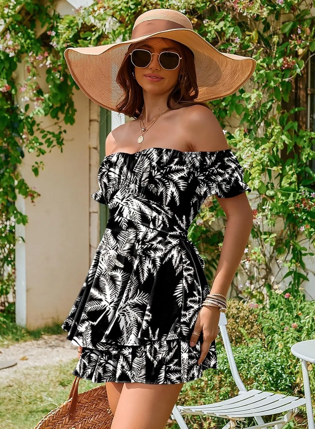 Linsery Women Boho Off Shoulder Romper Floral Print Tie Back Ruffle Hem Chiffon Short Jumpsuit