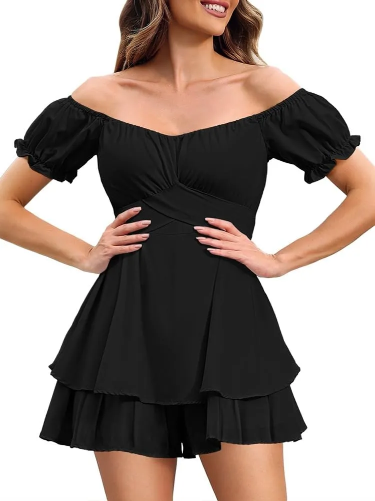 Linsery Women Boho Off Shoulder Romper Floral Print Tie Back Ruffle Hem Chiffon Short Jumpsuit