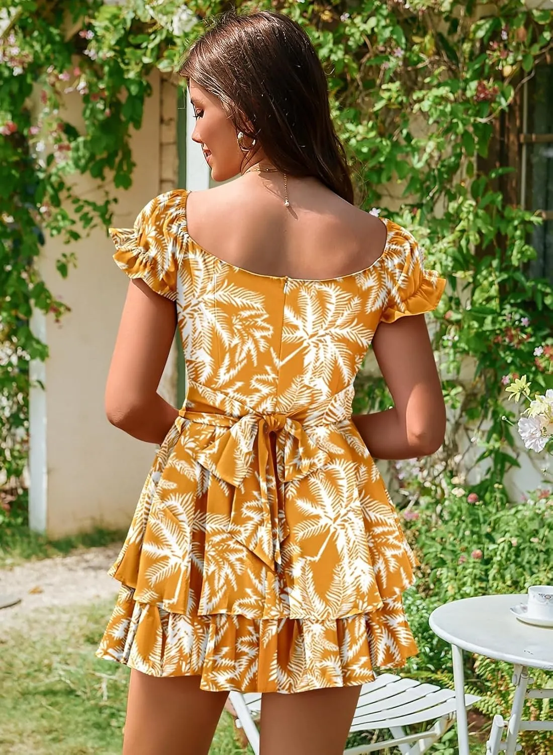 Linsery Women Boho Off Shoulder Romper Floral Print Tie Back Ruffle Hem Chiffon Short Jumpsuit
