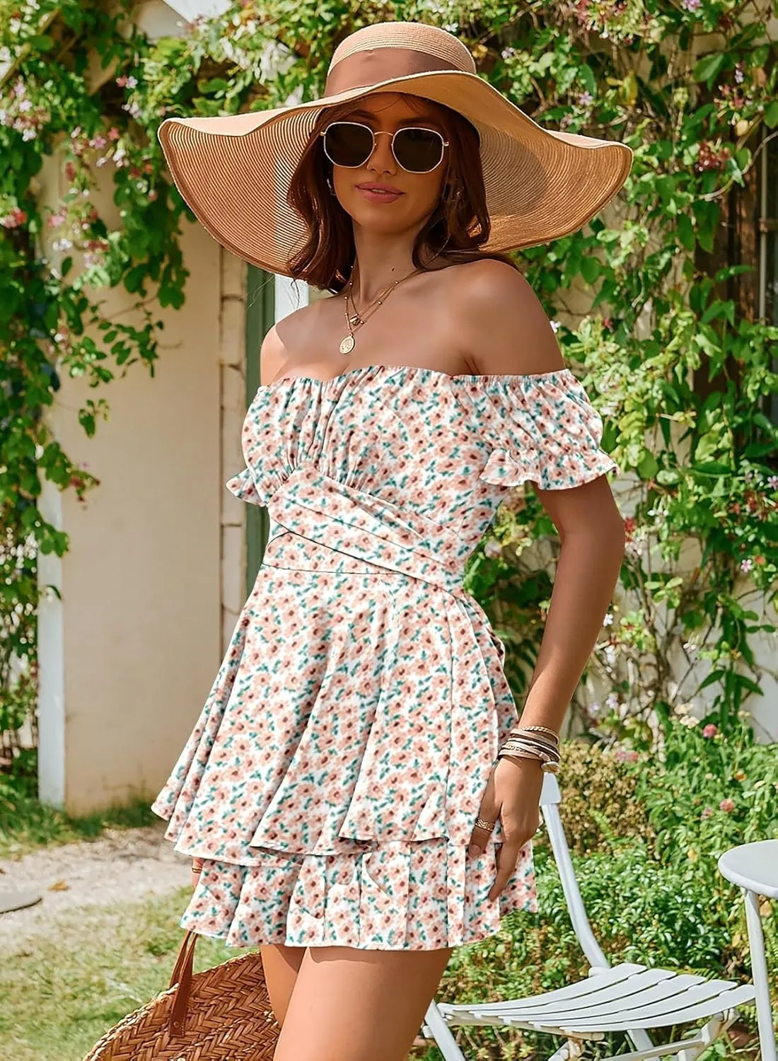 Linsery Women Boho Off Shoulder Romper Floral Print Tie Back Ruffle Hem Chiffon Short Jumpsuit