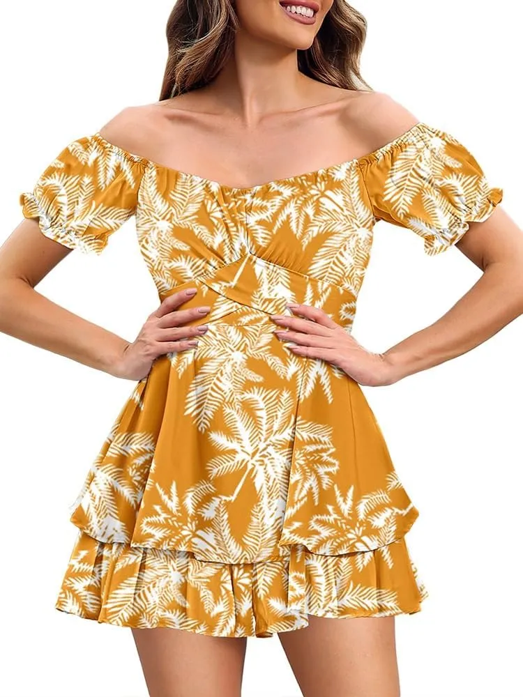 Linsery Women Boho Off Shoulder Romper Floral Print Tie Back Ruffle Hem Chiffon Short Jumpsuit