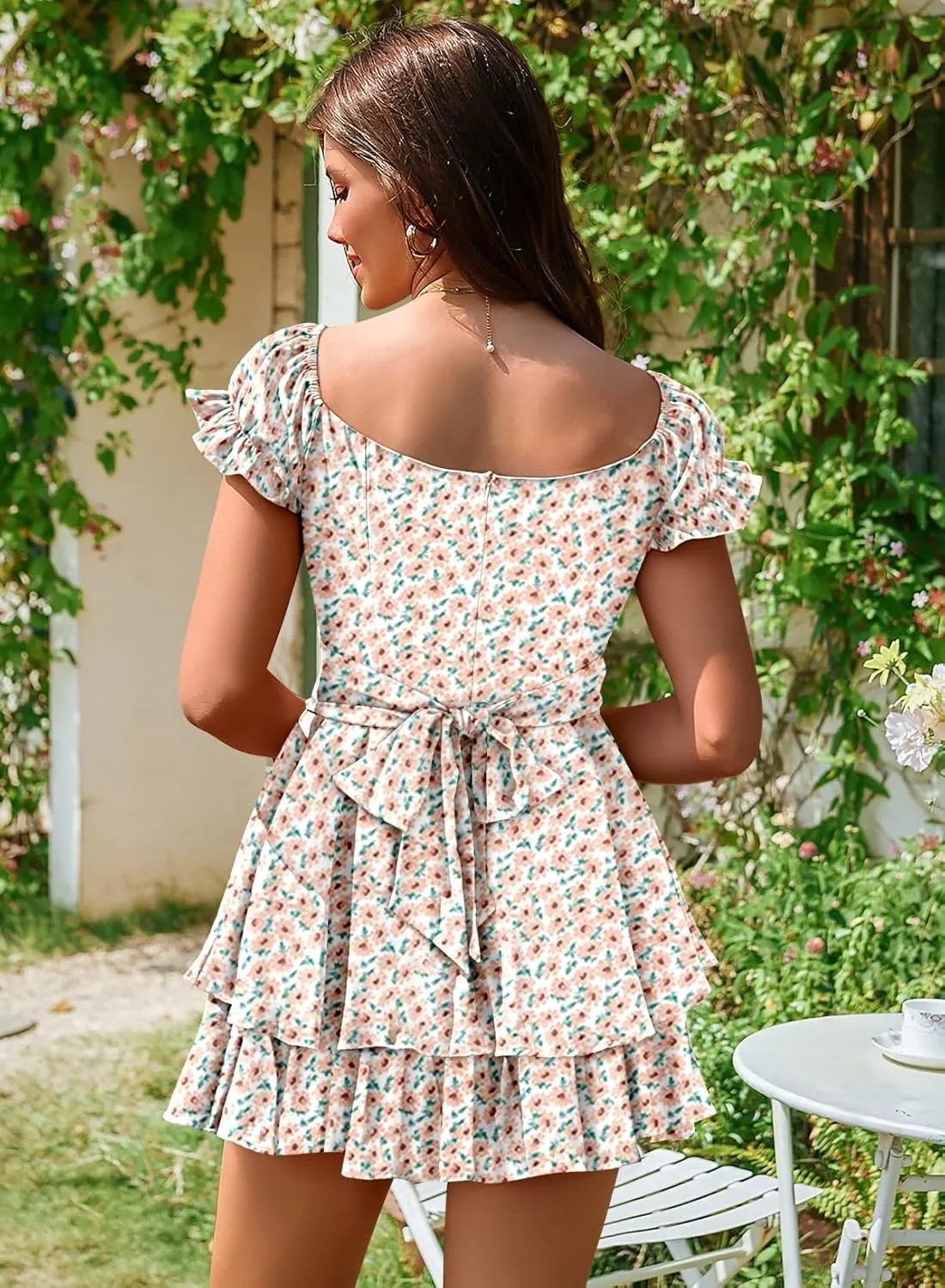 Linsery Women Boho Off Shoulder Romper Floral Print Tie Back Ruffle Hem Chiffon Short Jumpsuit