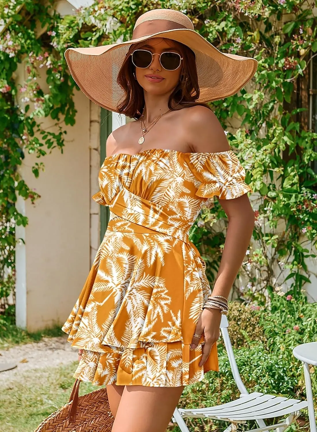 Linsery Women Boho Off Shoulder Romper Floral Print Tie Back Ruffle Hem Chiffon Short Jumpsuit