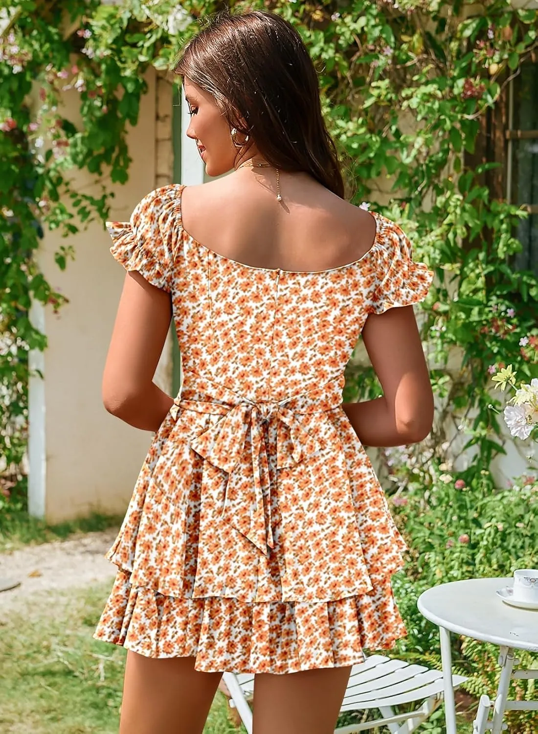 Linsery Women Boho Off Shoulder Romper Floral Print Tie Back Ruffle Hem Chiffon Short Jumpsuit
