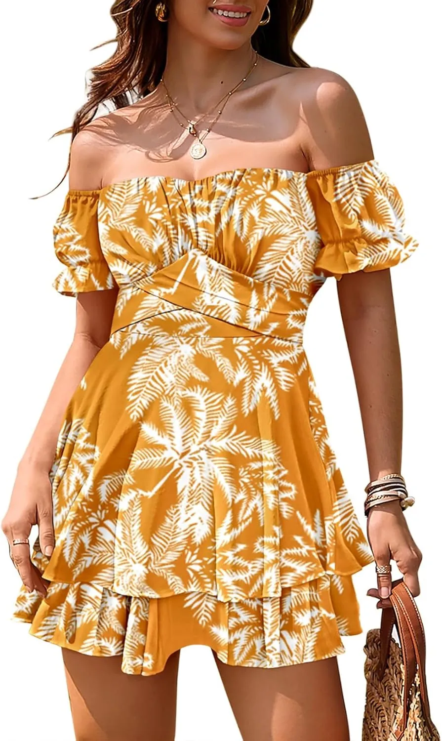 Linsery Women Boho Off Shoulder Romper Floral Print Tie Back Ruffle Hem Chiffon Short Jumpsuit