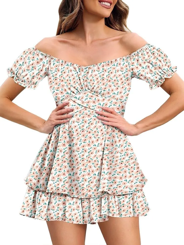 Linsery Women Boho Off Shoulder Romper Floral Print Tie Back Ruffle Hem Chiffon Short Jumpsuit