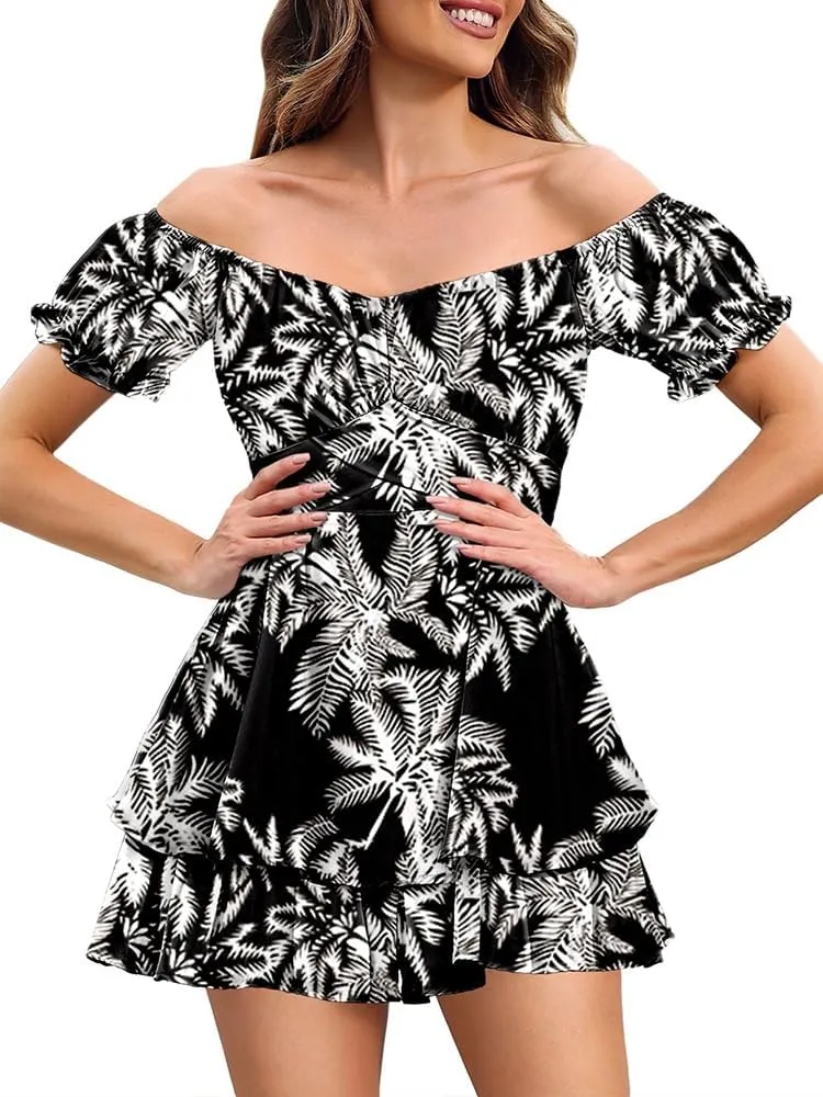 Linsery Women Boho Off Shoulder Romper Floral Print Tie Back Ruffle Hem Chiffon Short Jumpsuit