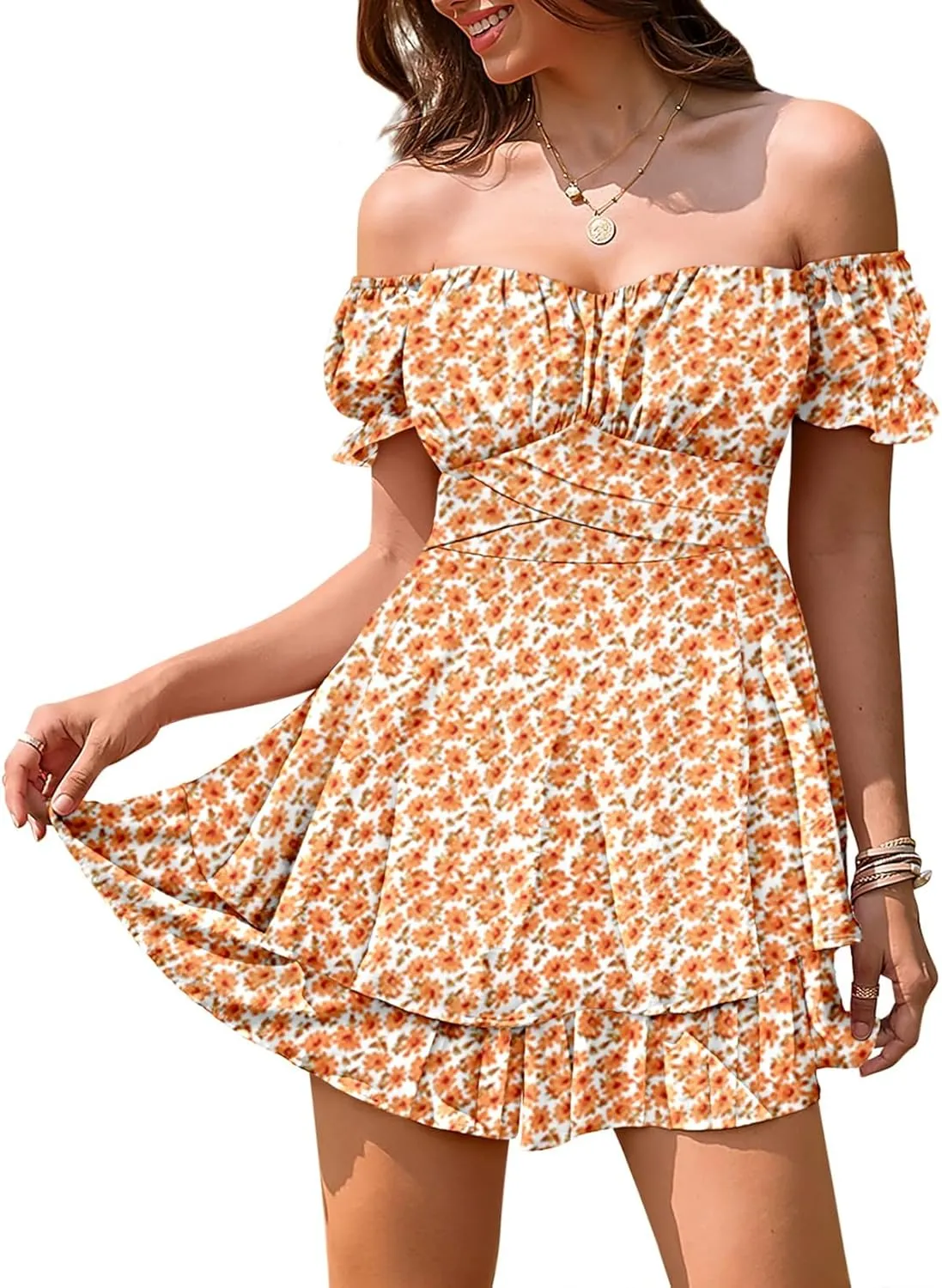 Linsery Women Boho Off Shoulder Romper Floral Print Tie Back Ruffle Hem Chiffon Short Jumpsuit