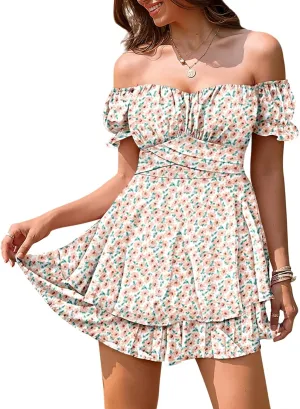 Linsery Women Boho Off Shoulder Romper Floral Print Tie Back Ruffle Hem Chiffon Short Jumpsuit