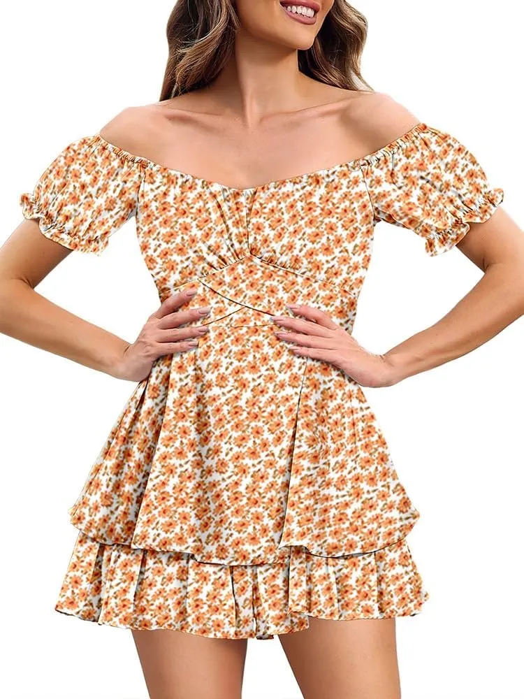 Linsery Women Boho Off Shoulder Romper Floral Print Tie Back Ruffle Hem Chiffon Short Jumpsuit