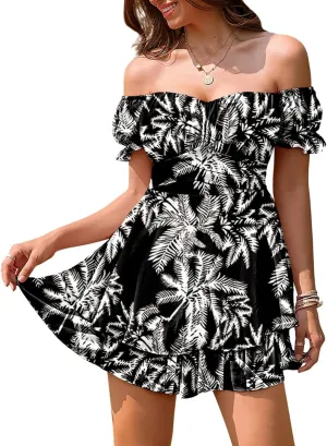 Linsery Women Boho Off Shoulder Romper Floral Print Tie Back Ruffle Hem Chiffon Short Jumpsuit