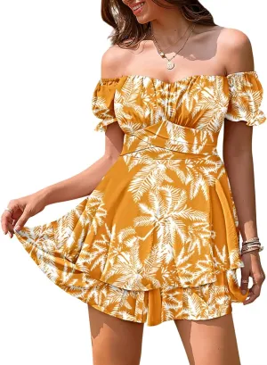 Linsery Women Boho Off Shoulder Romper Floral Print Tie Back Ruffle Hem Chiffon Short Jumpsuit