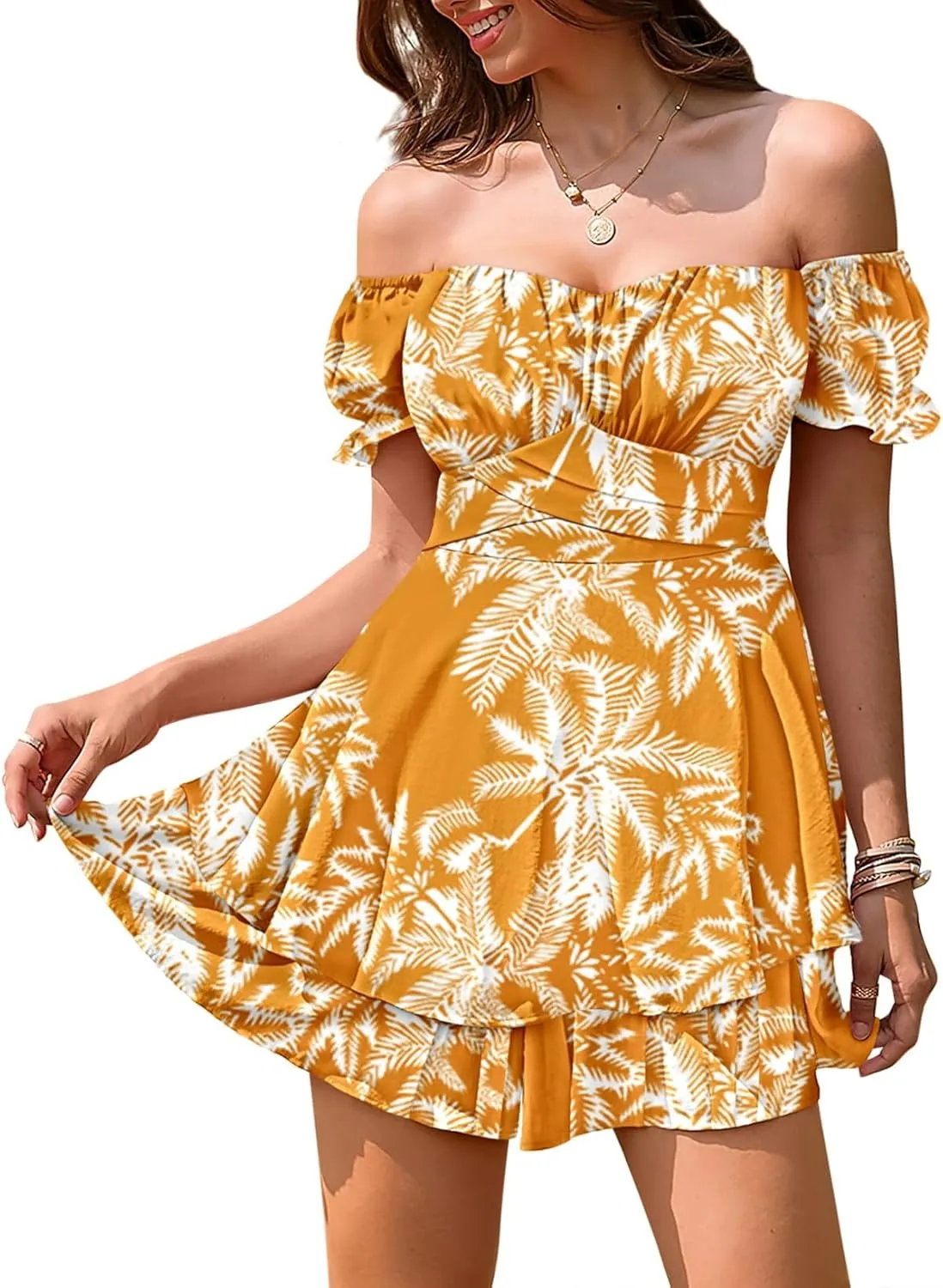 Linsery Women Boho Off Shoulder Romper Floral Print Tie Back Ruffle Hem Chiffon Short Jumpsuit