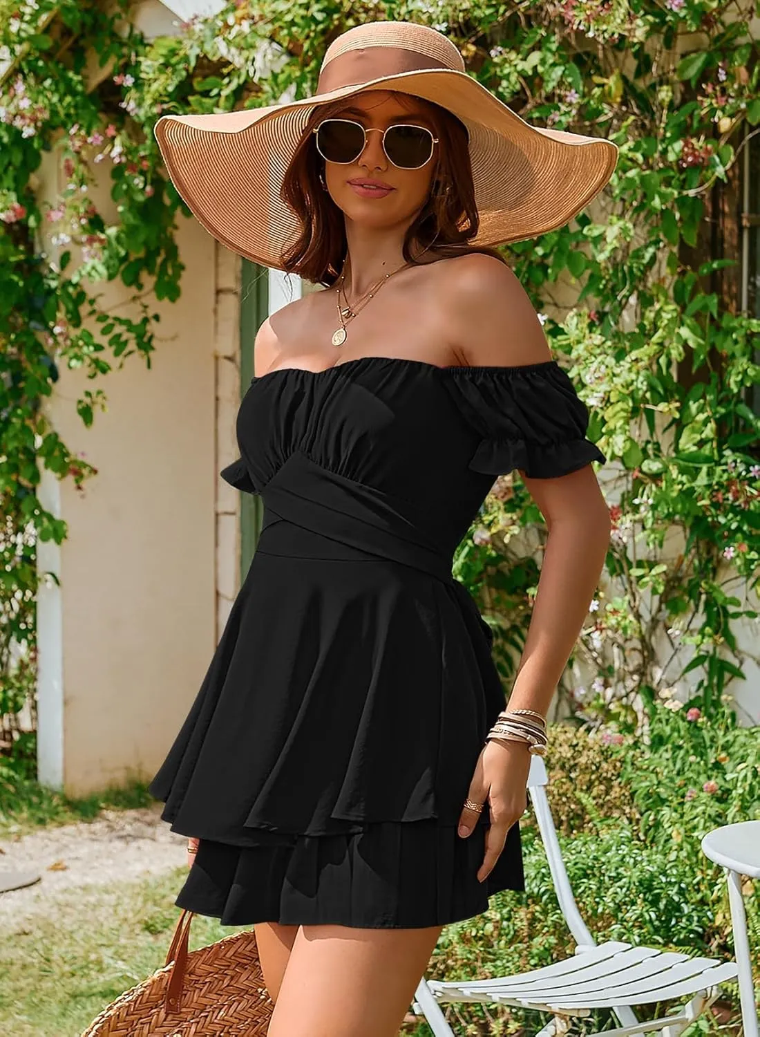 Linsery Women Boho Off Shoulder Romper Floral Print Tie Back Ruffle Hem Chiffon Short Jumpsuit