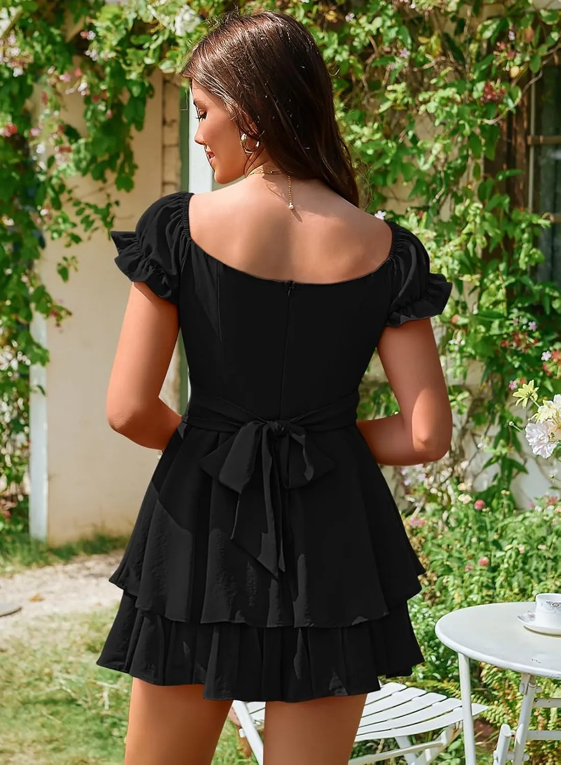 Linsery Women Boho Off Shoulder Romper Floral Print Tie Back Ruffle Hem Chiffon Short Jumpsuit