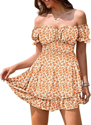 Linsery Women Boho Off Shoulder Romper Floral Print Tie Back Ruffle Hem Chiffon Short Jumpsuit
