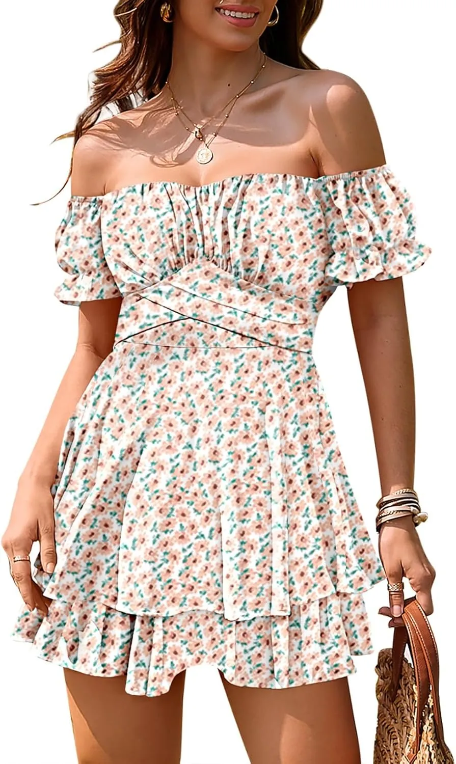 Linsery Women Boho Off Shoulder Romper Floral Print Tie Back Ruffle Hem Chiffon Short Jumpsuit