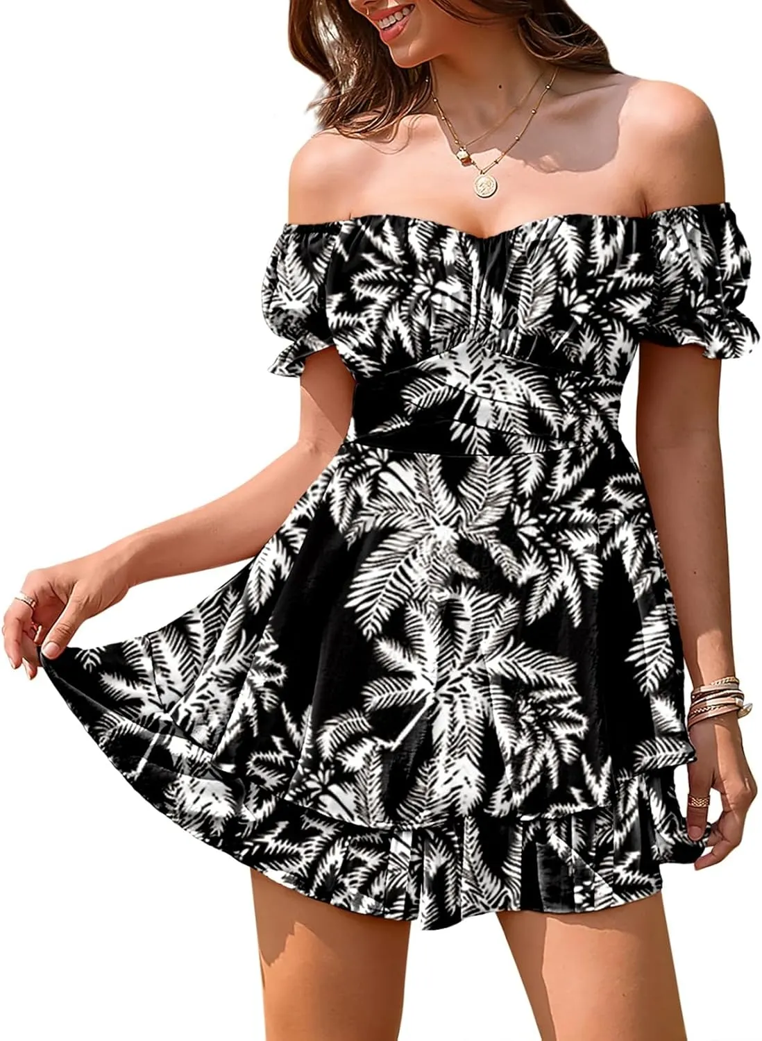 Linsery Women Boho Off Shoulder Romper Floral Print Tie Back Ruffle Hem Chiffon Short Jumpsuit