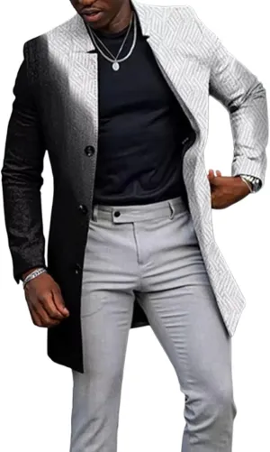 LOAIHA Plaid Trench Coat Mens Notched Collar Single Breasted Pea Coat Vintage Slim Windbreaker Office Business Trench Jacket