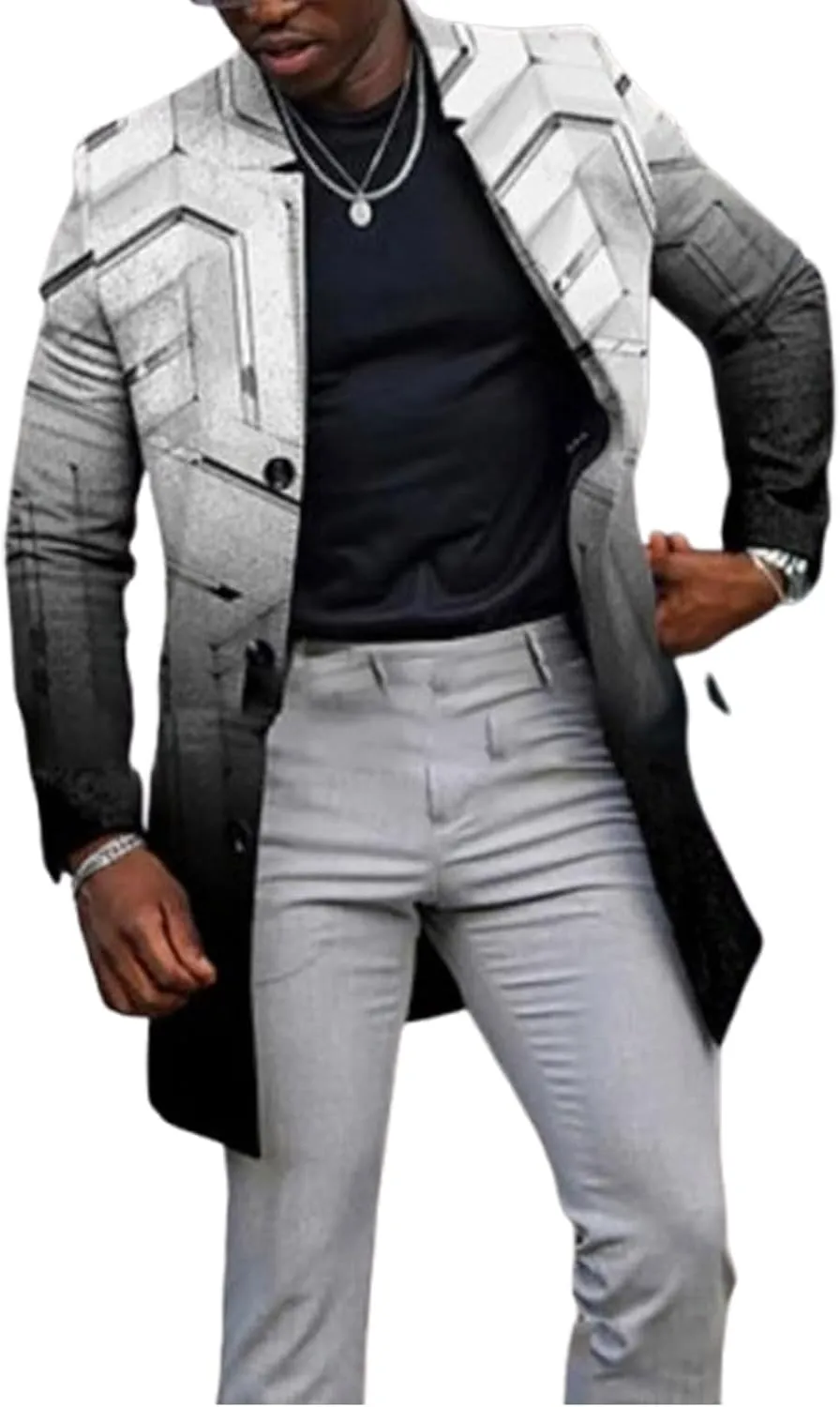 LOAIHA Plaid Trench Coat Mens Notched Collar Single Breasted Pea Coat Vintage Slim Windbreaker Office Business Trench Jacket