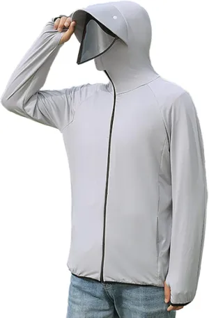 Long Sleeve Hoody Summer Anti-UV Quick Dry Shirt Clothing Men Hooded Protective Mask Jacket Thin Beach Sweatshirt,Gray,L