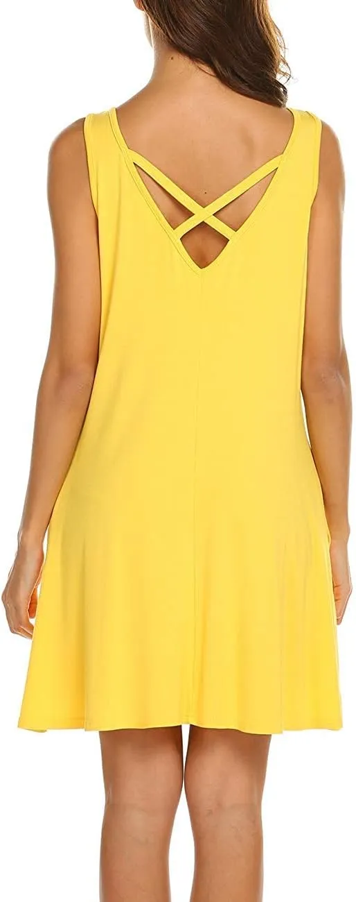 LuckyMore Women's Summer Sundresses Beach Cover Up Criss Cross Back Pocket Swing T-Shirt Dress S-3XL